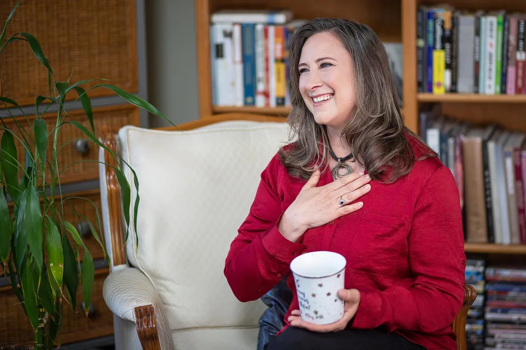 JDudley_6643 Cultivate gratitude, image of woman with hand on her heart.
